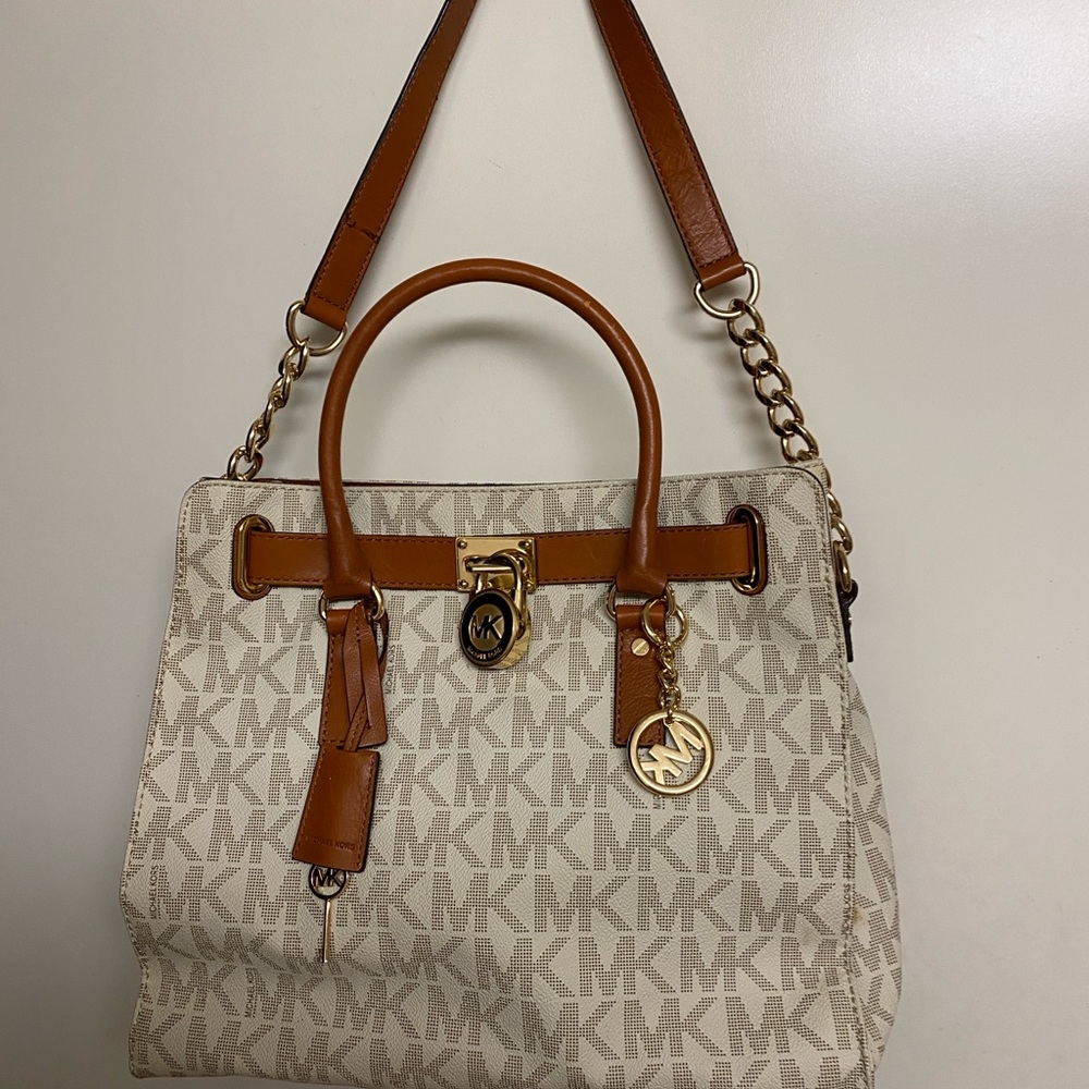 Michael Kors Cream and Tan Shoulder Bag with Signature MK Logo